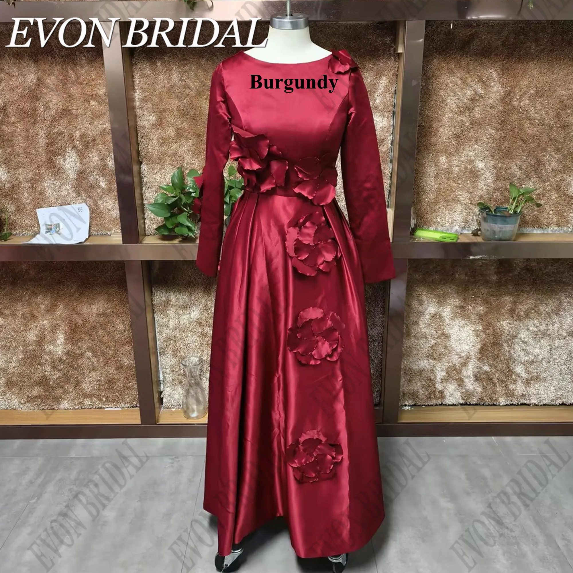 Evon Braut Saudi-Arabien Frauen Abschluss ball Party Kleider blau lange Ärmel Blumen formelle Abendkleid a-Linie Satin فستان سفرة سعودي Saudi Arabien Frauen Abschlussball Party Kleider Blau Lange Ärmel Blumen Formeller