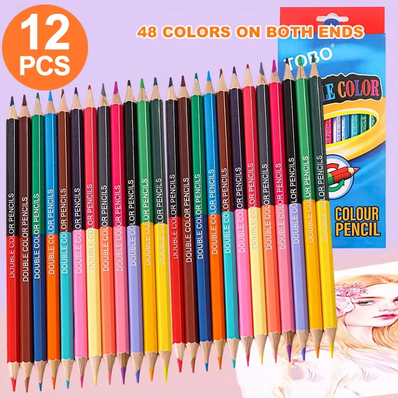 12 lápices de doble color con 24 colores en ambos extremos, adecuados para útiles escolares, materiales de arte, lápices de dibujo artístico profesional, mina de doble color, multiusos, adecuados para colorear, pintar,