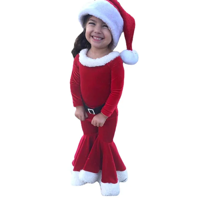 Conjunto de ropa de bebé para niños, Tops de Navidad, pantalones acampanados, sombrero, traje de Navidad de Papá Noel, disfraz de fiesta de cumpleaños para niños y niñas