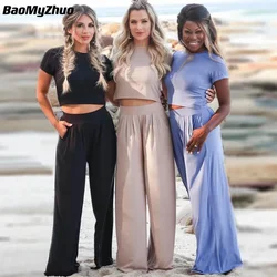 2024 Spring Summer Tracksuits Women 2 Pieces Set Short Sleeve O-Neck Pullover Top Trousers Sportswear Sports Suit Female Clothes