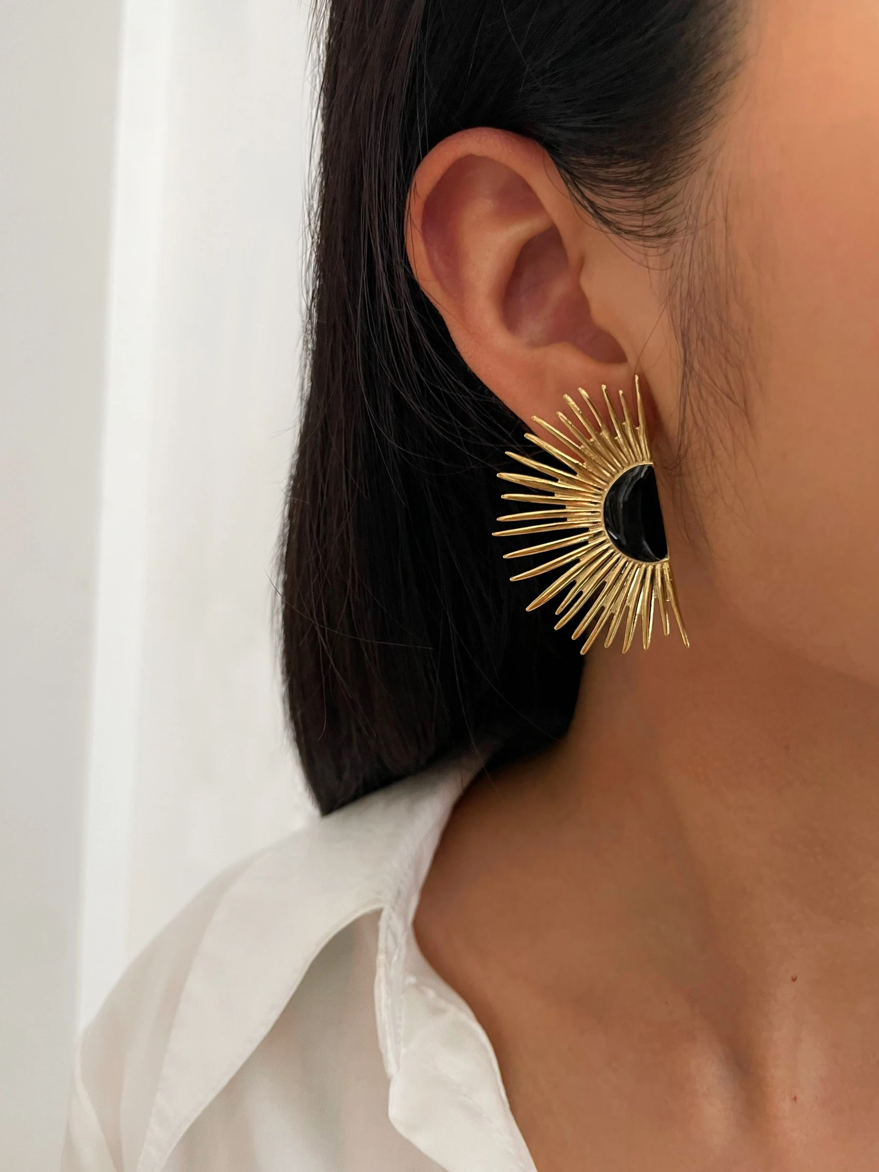 Peri\'sbox Trendy Statement Enamel Sunflower Symmetric Stud Earrings for Women Stainless Steel Geometric Fan-shape Earring Summer