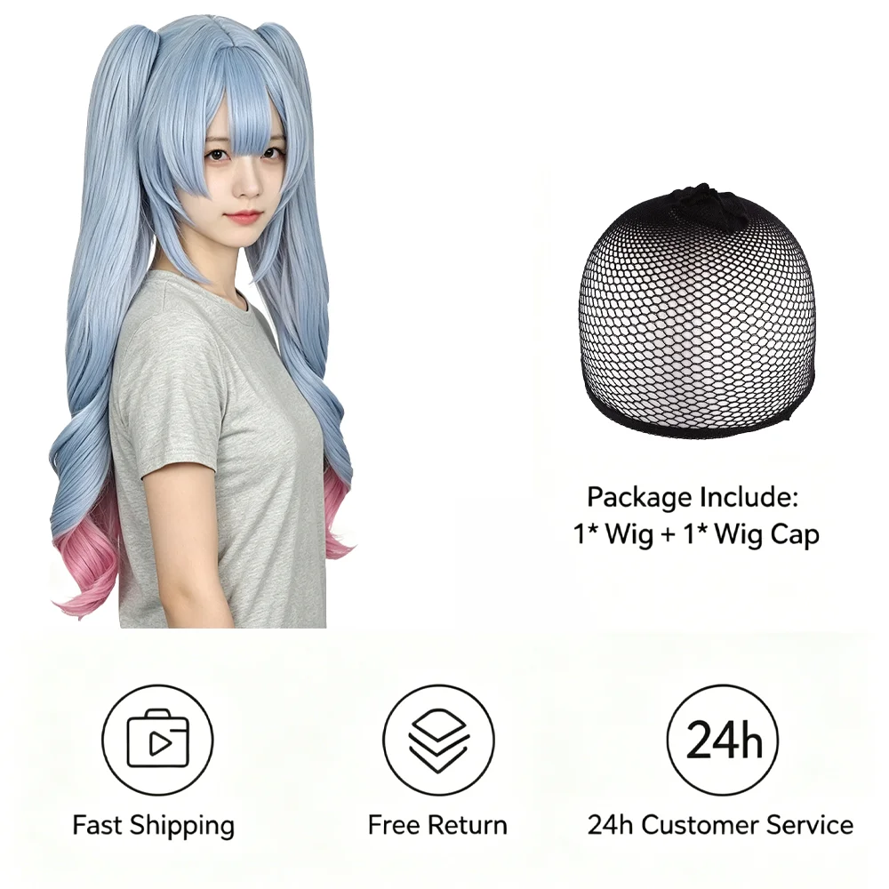 Anime Miku Rabbit Hole Cosplay Wig Sky Blue Pink Ombre Twin Tails Detachable Pigtails Long Wavy Heat Resistant Synthetic Hair view 6