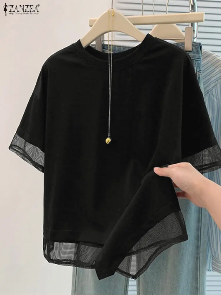 ZANZEA Frauen Bluse Trend 2025, Sommer Mesh Patchwork Hemd Casual O Hals Kurzarm Arbeit Tops Mode Urlaub Blusas Mujer