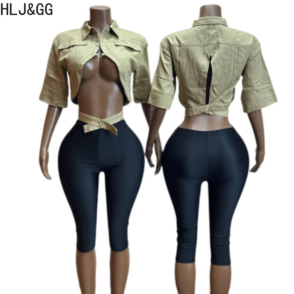 HLJ&GG Sexy Women Two Piece Set Cut Out Cropped Jacket and Capri Pants Slim Fit Y2K Streetwear Nightclub Party Matching Outfits