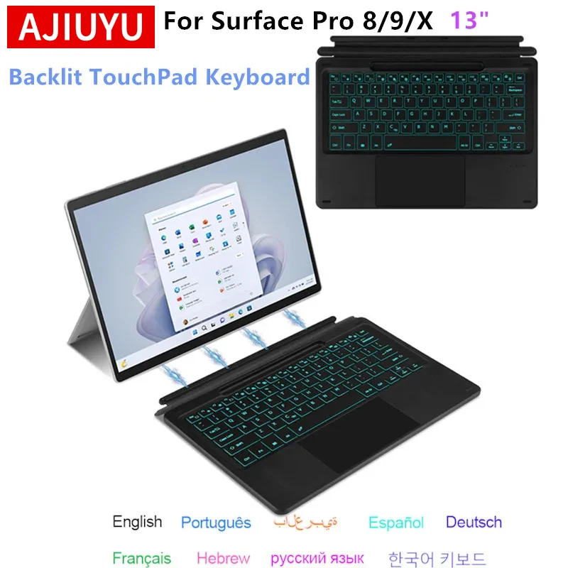 

Backlit Keyboard For Microsoft Surface Pro 8 9 X Pro8 pro9 Pro x 13"Tablet Spanish Portuguese Arabic French Touch Keyboard