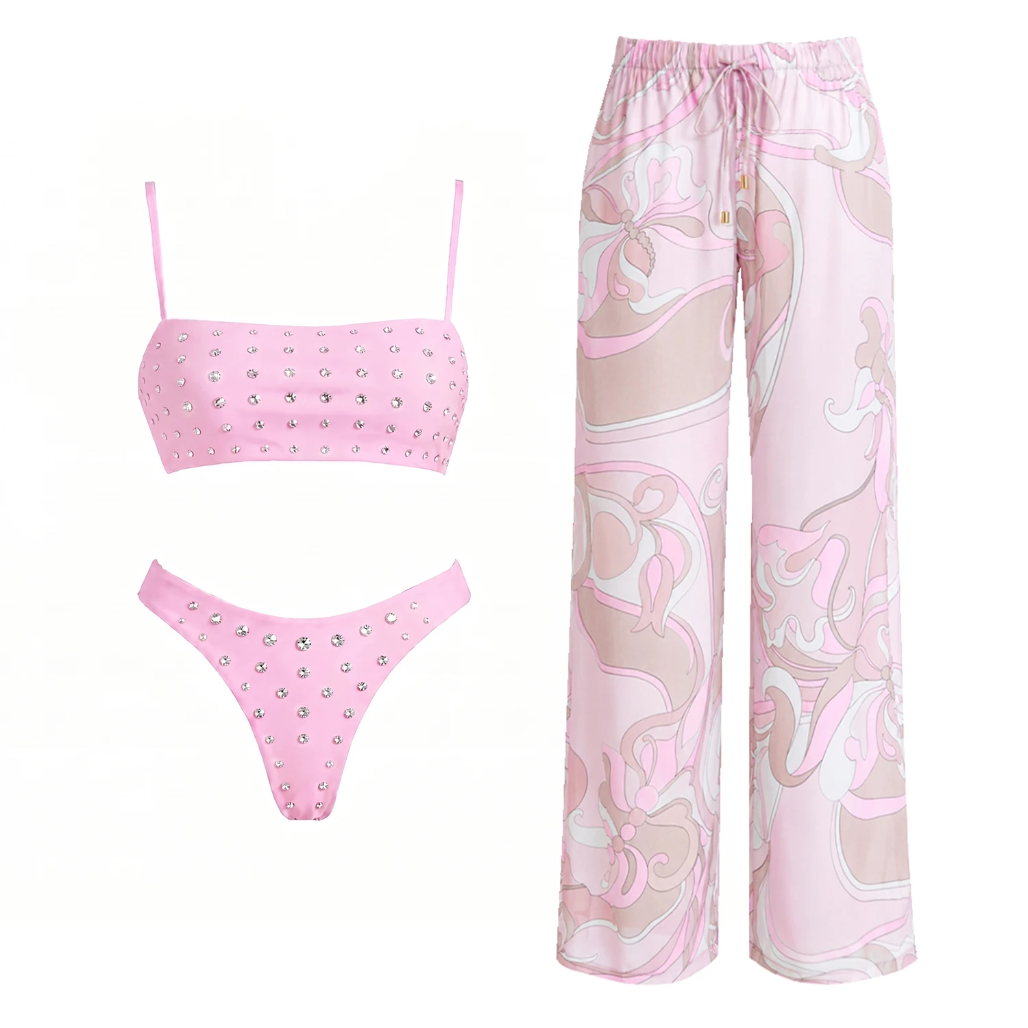 Conjunto de bikini de 3 piezas con diamantes y pareo, sexy traje de baño para mujer, bandeau, biquini, estampado rosa, ropa de playa