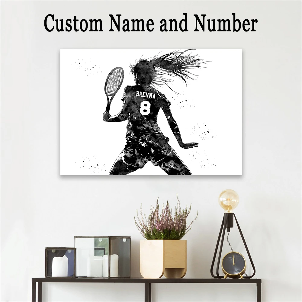 لاعب التنس فتاة شخصية ملصق فني اسم مخصص ورقم الرياضة المائية يطبع غرفة الصالة الرياضية المنزل قماش اللوحة ديكور