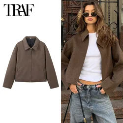 TRAF Women Brown Bomber Jacket Cropped Outerwears Autumn 2024 Wool&Blend Coat Ladies Fashion Casual Long Sleeve Short Jacket