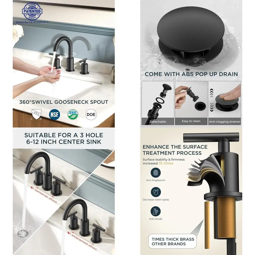 

8 Inch Widespread Matte Black Faucet with 360° Swivel Spout, 3 Holes, Fits 6-12 Inch Vanity Sink, Includes Pop-Up Drain and cUPC