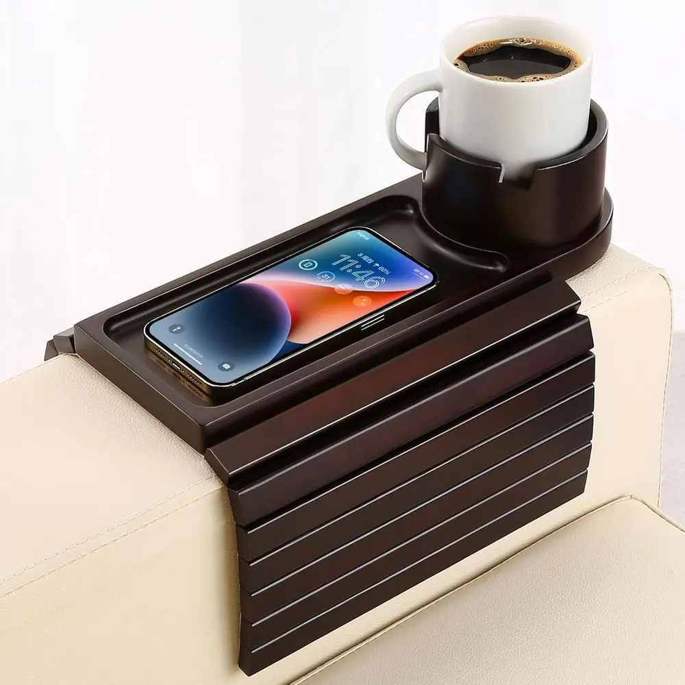 

Folding Bamboo Couch Side Table with Drink Holder, 15.75 Multifunctional Armrest Tray for Remote and Snacks