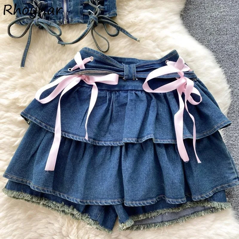 Pleated Skirts Women Summer Hot Solid Lace-up Anti-glare Mini Denim Slim All-match Casual Korean Style Girlish Lovely Y2K Chic