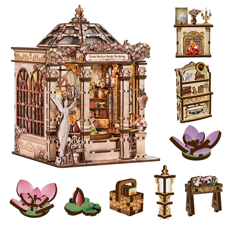 DIY 3D Wooden Flower Pavilion Beside The Spring Cottage Jigsaw Puzzles Miniature Model Kits Mini Casa for Friends Birthday Gifts