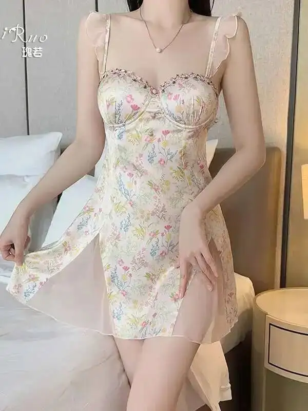 Sweet Hot Backless Sexy Padded Ice Silk Nightdress Dress Elegant Sweet Tank Mini Dress 2025 New Tops Korean Women 8B4B