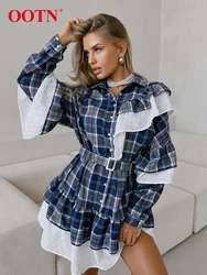 OOTN Fashion Cascading Ruffle Gingham Dresses With Belt Lapel Patchwork A-Line Dress Winter 2024 Button Mini Dress Splice Lace