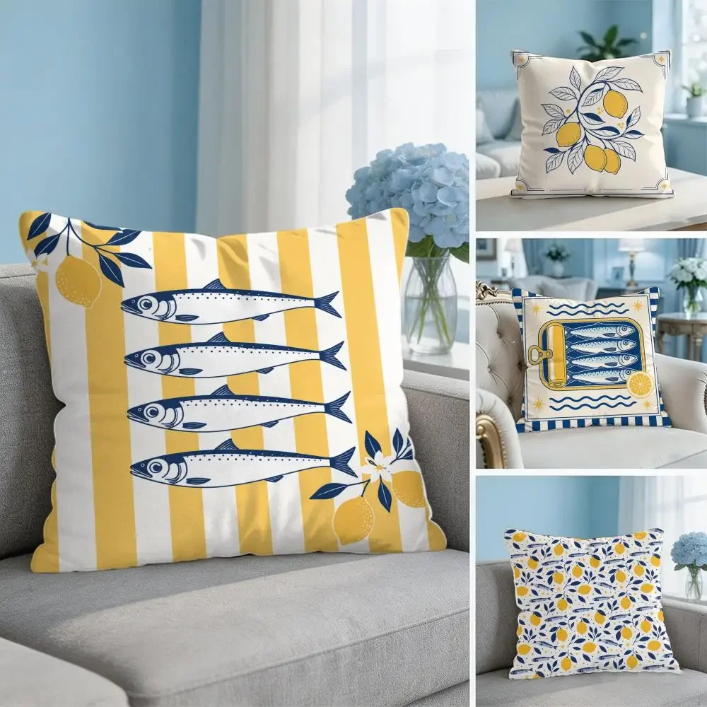 Sardine Lemon Tinned Fish Cushion Cover Breathable Short Plush Cushion Covers Machine Washable Wrinkle-Resistant Soft Durable