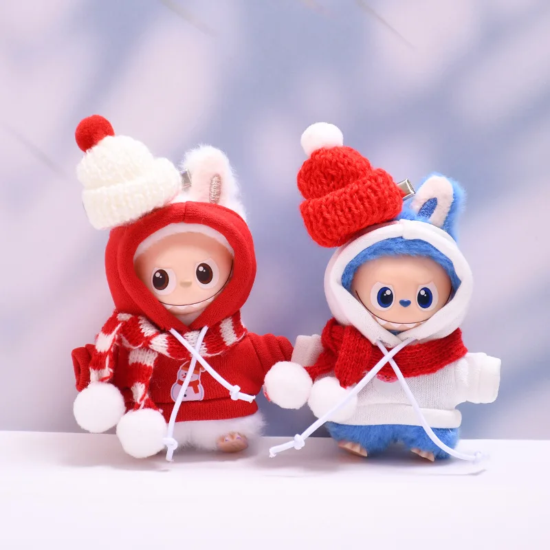 Nieuwe kerstoutfit voor 10 cm 4e generatie Mini LABUBU Pin For Love Series Sneeuwpop-thema Hoodie met muts en sjaal Set Feestelijke stijl