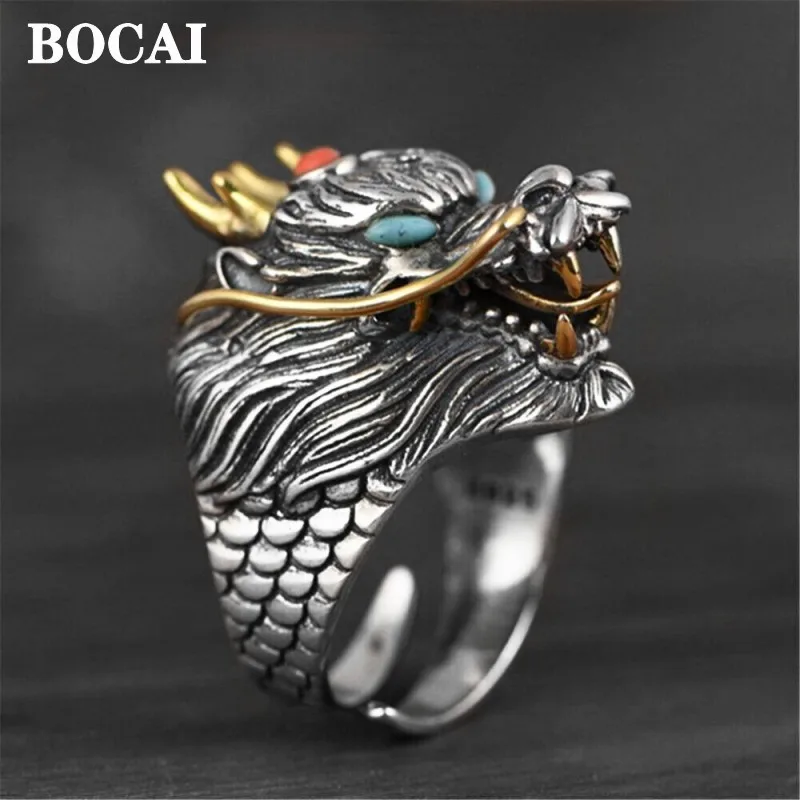 BOCAI 100% S925 Silver Jewelry Retro Ethnic Style Powerful and Domineering Dragon Roaring Nine Heavens Ring for Men Fashion Gift