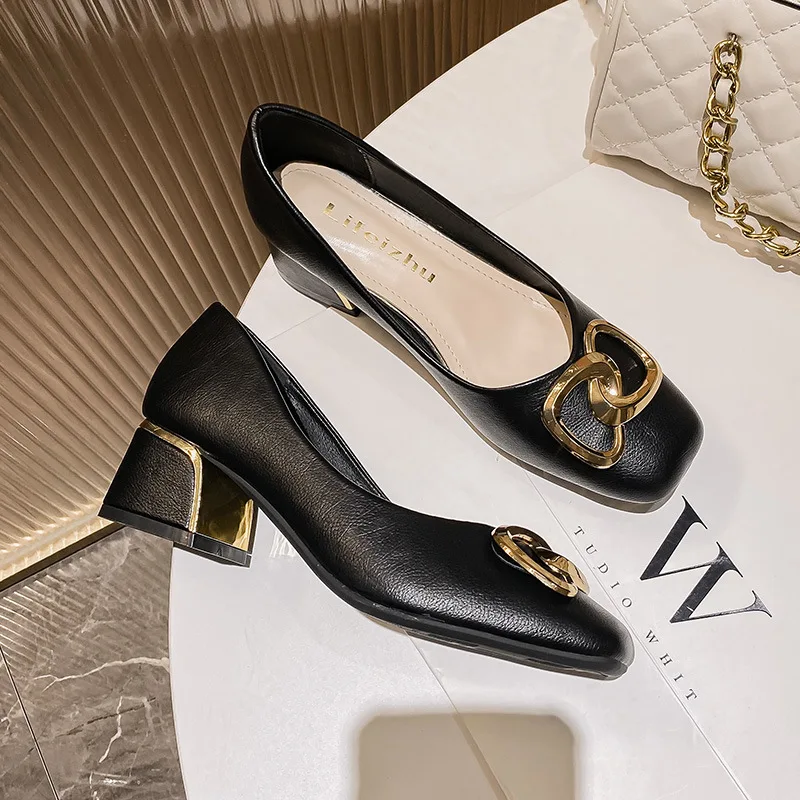 

Size 35-41 New Spring Autumn Ladies Fashion Classic High Heel Pumps Square Toe Lock Design Women Shoes New Chain Dress Shoes