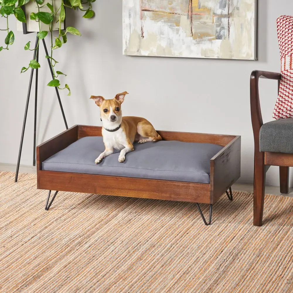 Large Luxury Wooden Dog Bed with Removable Cushion - Elevated, Modern, and Durable Pet Sofa with Metal Legs - Easy to Clean