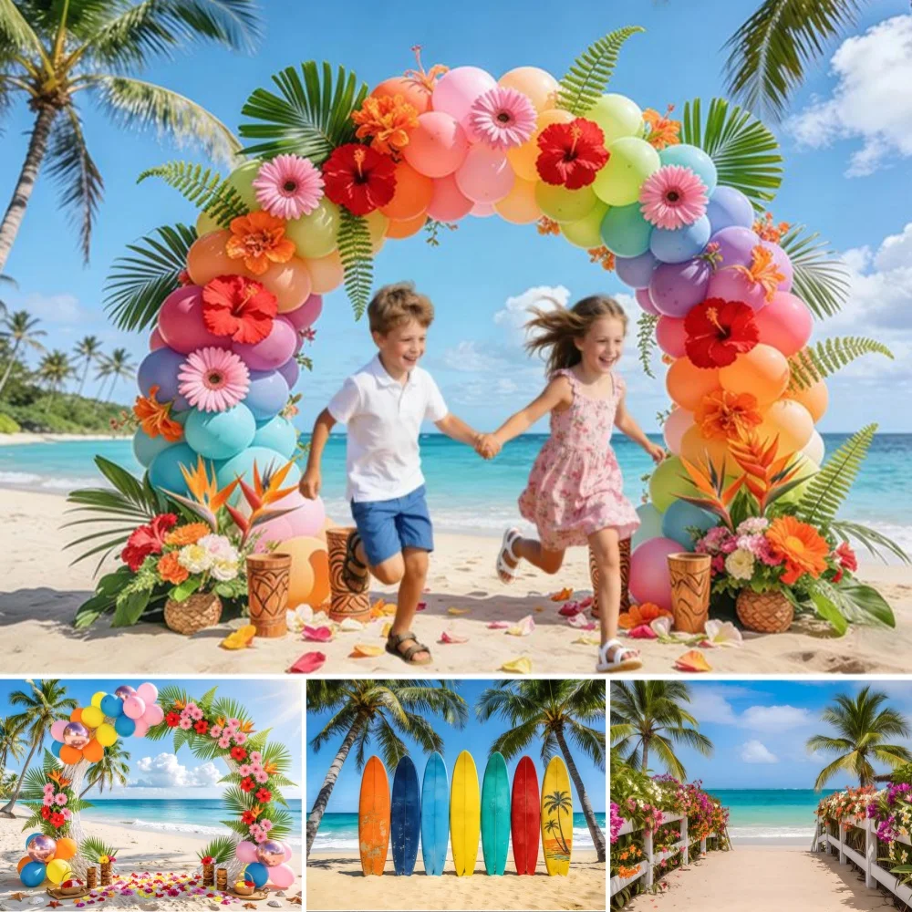 

Tropical Beach Balloon Arch Photography Background Palm Tree Flowers Seashells Summer Birthday Party Kids Portrait Luau Backdrop