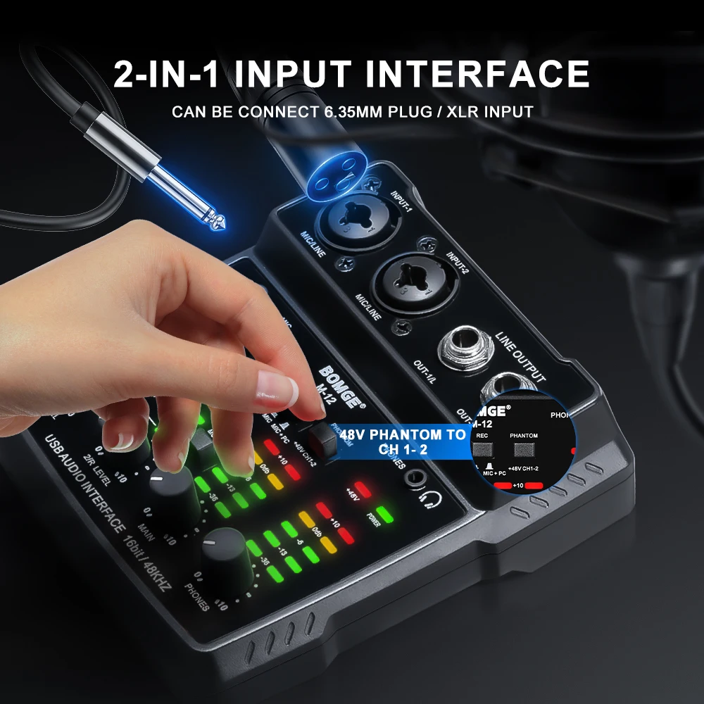 BOMGE M12 2 Channels Audio Interface for PC Recording,Sound Card USB 48V Power  for Studio, Karaoke,Ultra-low, Latency Plug&Play