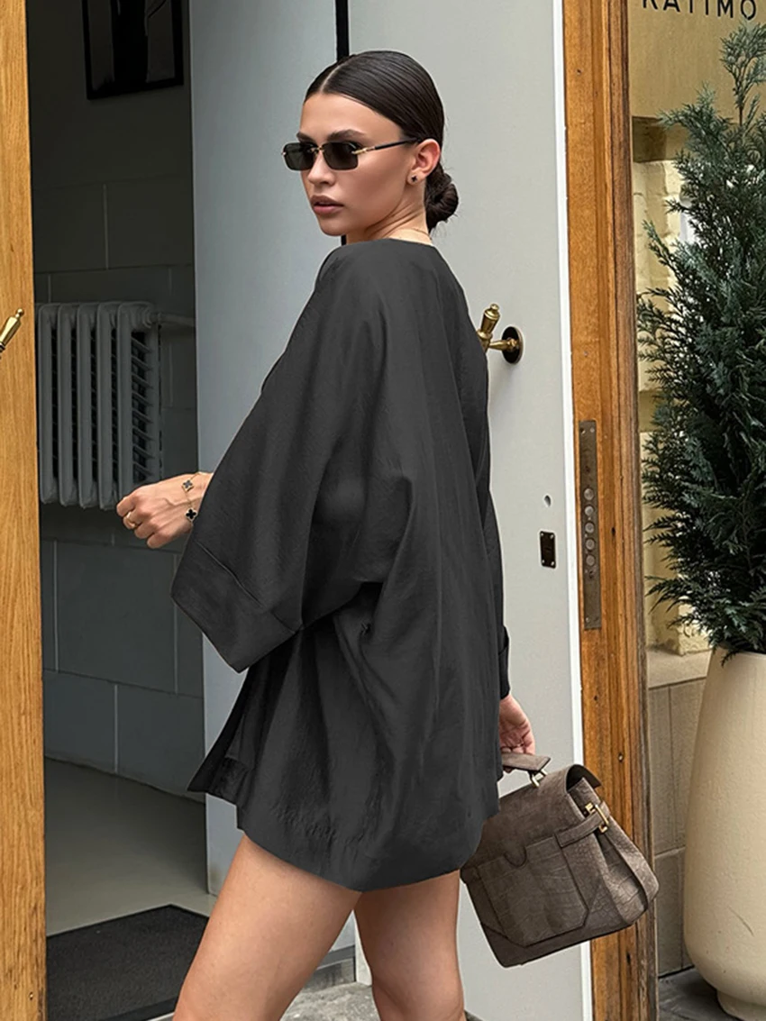 Marthaqiqi Loose Ladies Sleepwear Suit Sexy V-Neck Pajama Tank Tops Nightwear Long Sleeve Robe Shorts Casual Nightie 3 Piece Set