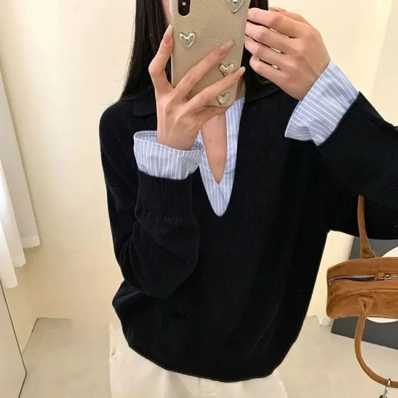 

Женская одежда, весенне-осенняя мода, простота, тренд, однотонный воротник-поло, женский лоскутный кардиган из двух предметов