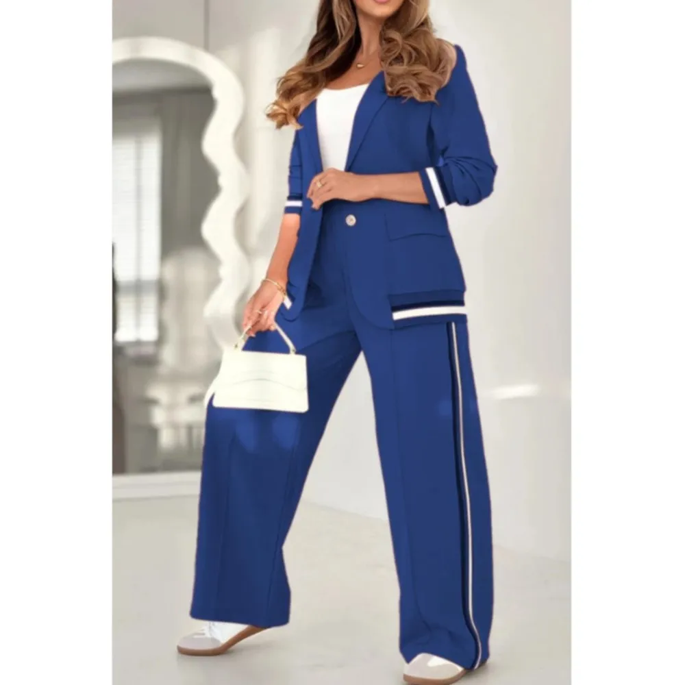Spring And Autumn Loose Patchwork Striped Blazer Pants Women\'s 2 Piece Fashion Retro Simple Suit Collar Female Office Suit 2025