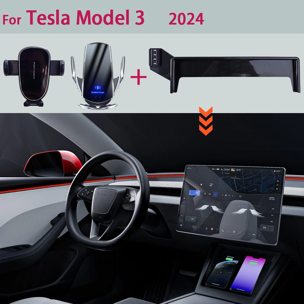Uchwyt samochodowy na telefon do Tesla Model 3 2023 2024 Ekran multimedialny Stała podstawa 15 W Bezprzewodowa podstawka ładująca Uchwyty samochodowe do telefonów komórkowych