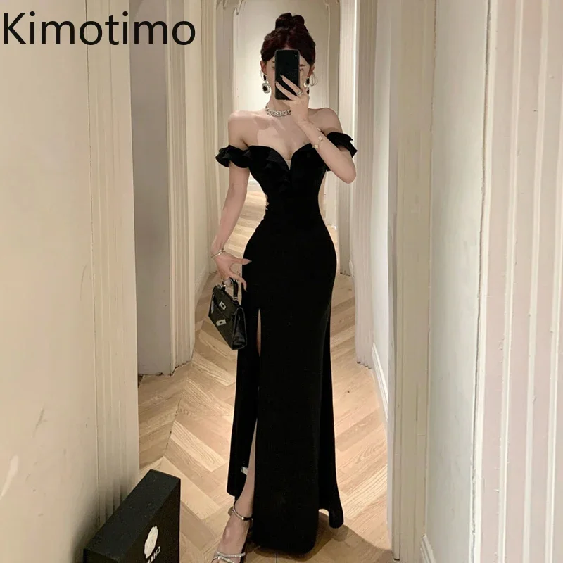 Kimotimo Ruffled One Shoulder Strapless Evening Dress Women Spring Summer Elegant High Waist Slim Wrapped Slit Long Dresses