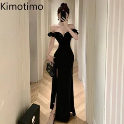 Kimotimo Ruffled One Shoulder Strapless Evening Dress Women Spring Summer Elegant High Waist Slim Wrapped Slit Long Dresses