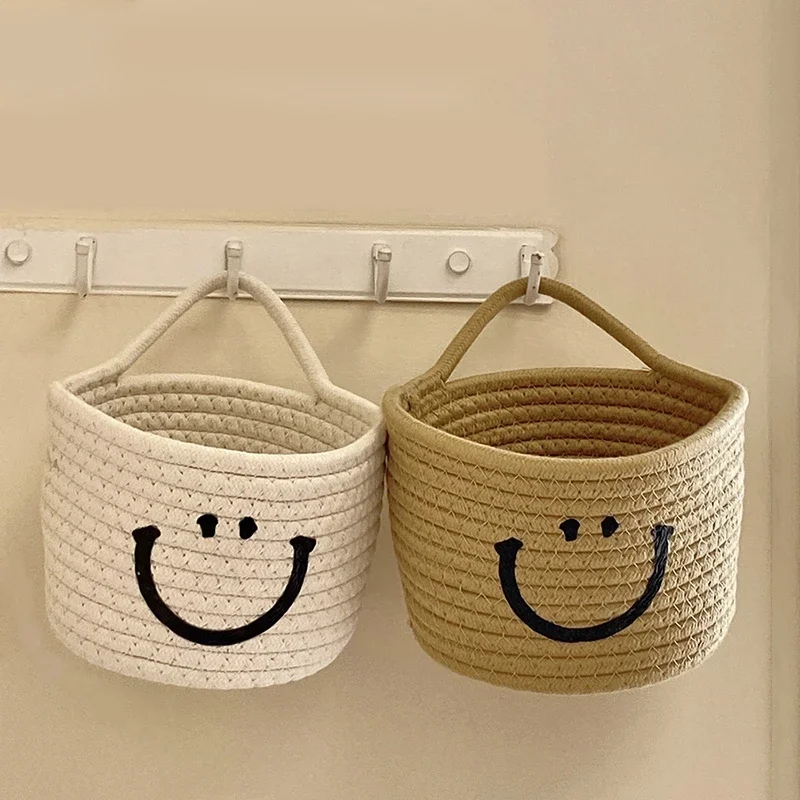 Handwoven Storage Basket Cute Cosmetic Storage Box Cotton Rope Hanging Baskets Desktop Sundries Organizer with Handle Home Decor