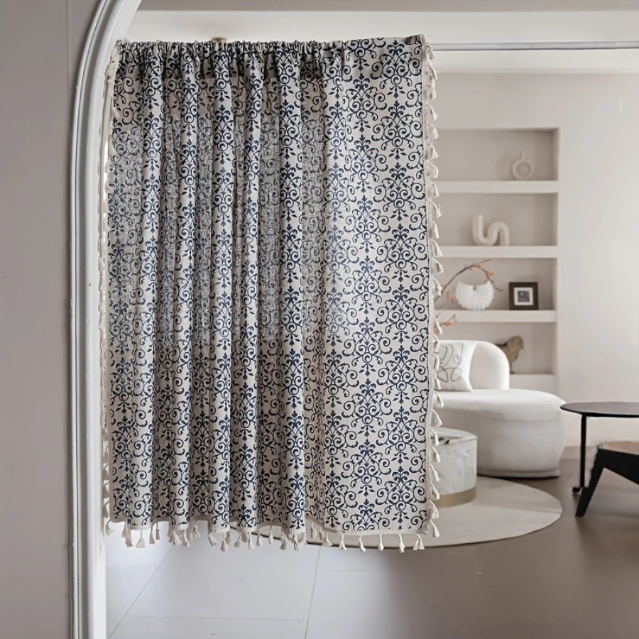 1PC Vintage Tassel Sheer Curtains, Navy Blue Damask, Digital Print, Linen Polyester, Bedroom Living Room Cafe, Home Decor