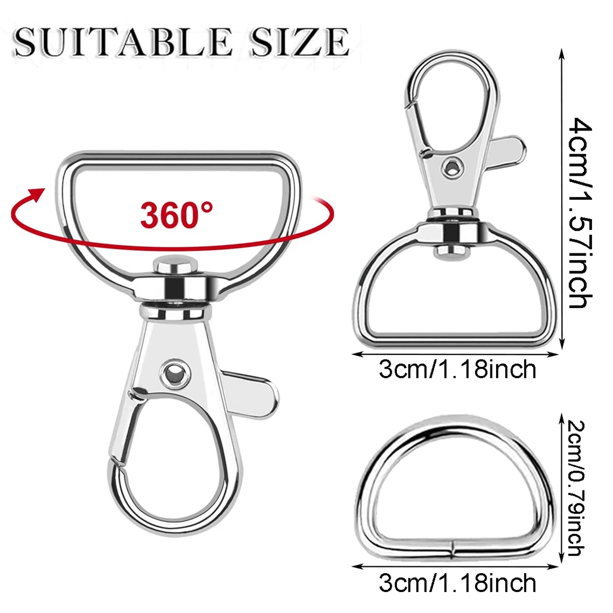 10/20 Set Large D Clip Swivel Keychain Hooks with D Rings, Purse Hardware, for DIY Crafts Handbag Hardware Sewing Projects