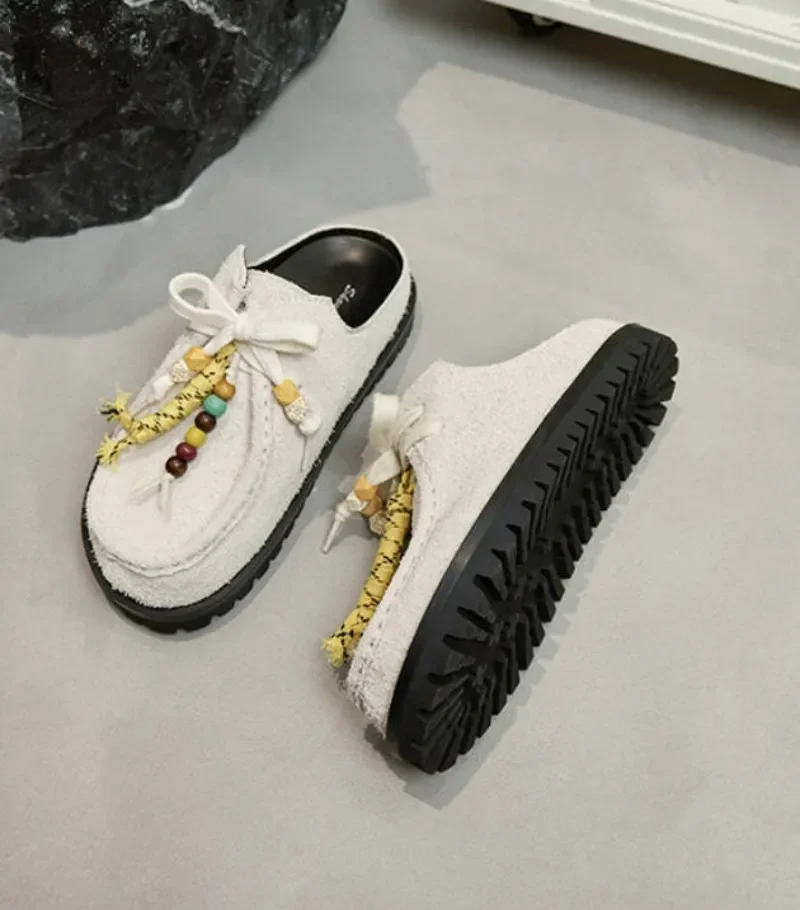 Vintage Leisure Cowhide Womens Slippers Comfortable Footwear Round Toe Cow Suede Solid Color Slip On Fashion Handmade Lady Shoes
