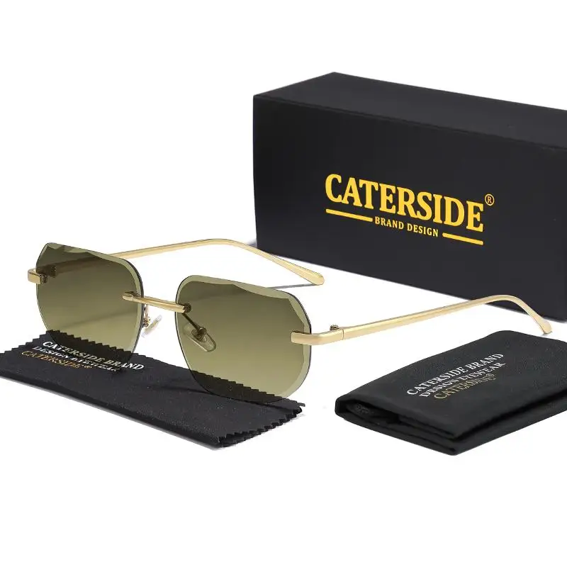 CATERSIDE Vintage Rahmenlose Herren-Sonnenbrille mit Designgläsern und Metallbügeln, Damen-Sonnenbrille für Party und Reisen – Detail 19
