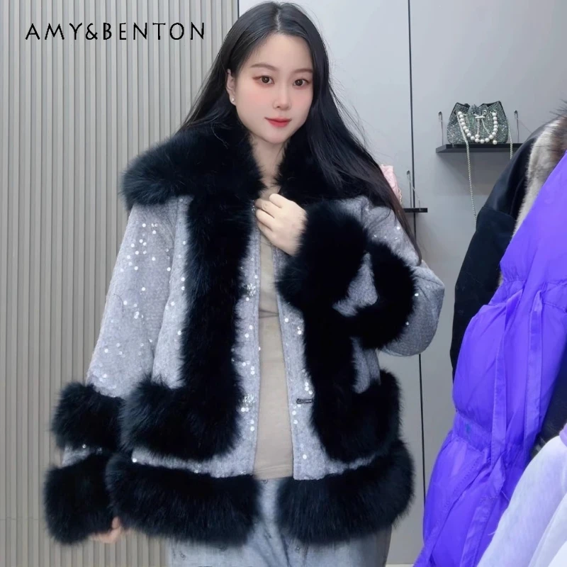 سترة أنيقة سميكة مبطنة بالصوف المرقعة لينة مريحة أبلى الصناعة الثقيلة الترتر فو الفراء معطف فروي طوق أعلى الشتاء #3