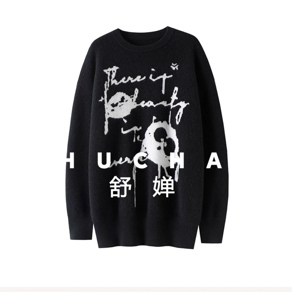 

Cartoon Jacquard New Thickened 100% Pure Cashmere Shirt Women's Round Neck Sweater Loose Autumn and Winter 450g