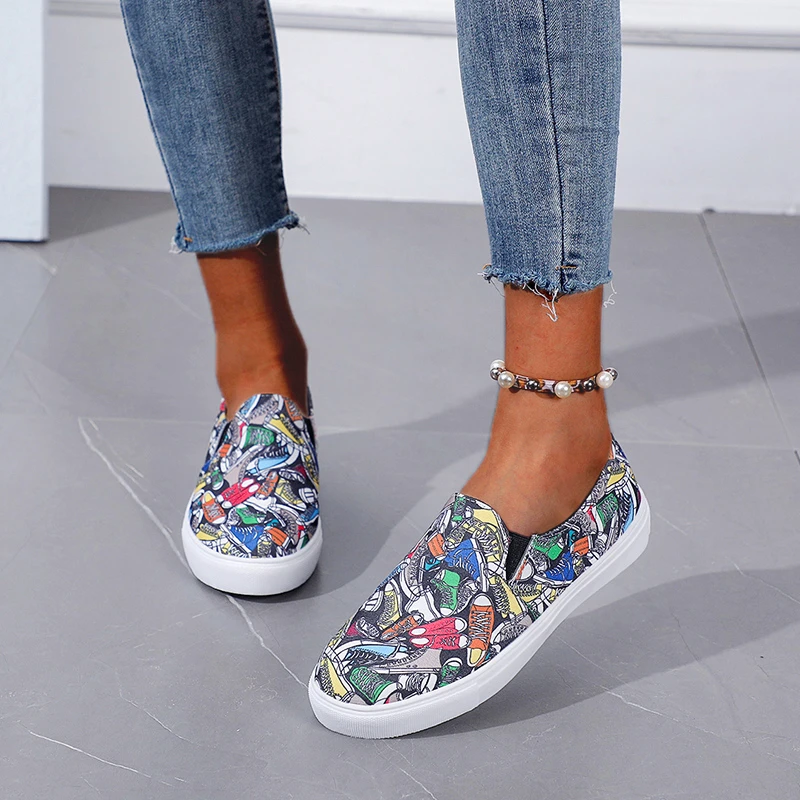 2022 Women\'s Vulcanize Shoes Trendy Graffiti Canvas Shoes Women Fashion Sneakers Flat Shoes Street Dance Shoes of Women Slip-on