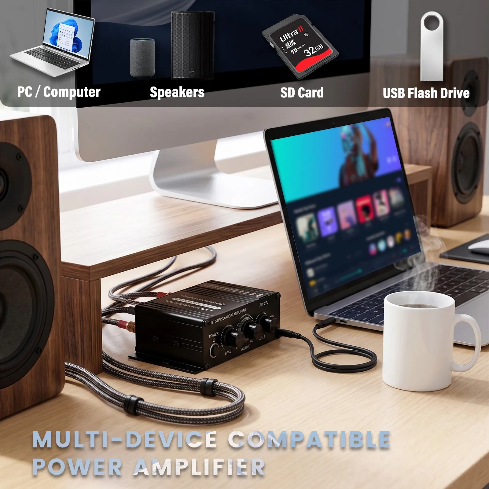 AK-270 HiFi Digital Power Amplifier Dual Channel Stereo Audio Amp Bass Treble EQ Control Mini Home Car Marine Speaker Amplifier