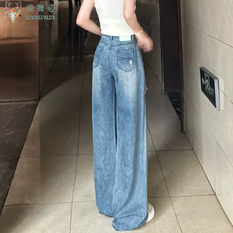Adult Women's Ripped Boyfriend JEANS Korean Causal Straight Denim Pants Stretch Holes Autumn Pocket Comfortable High Waist Pants