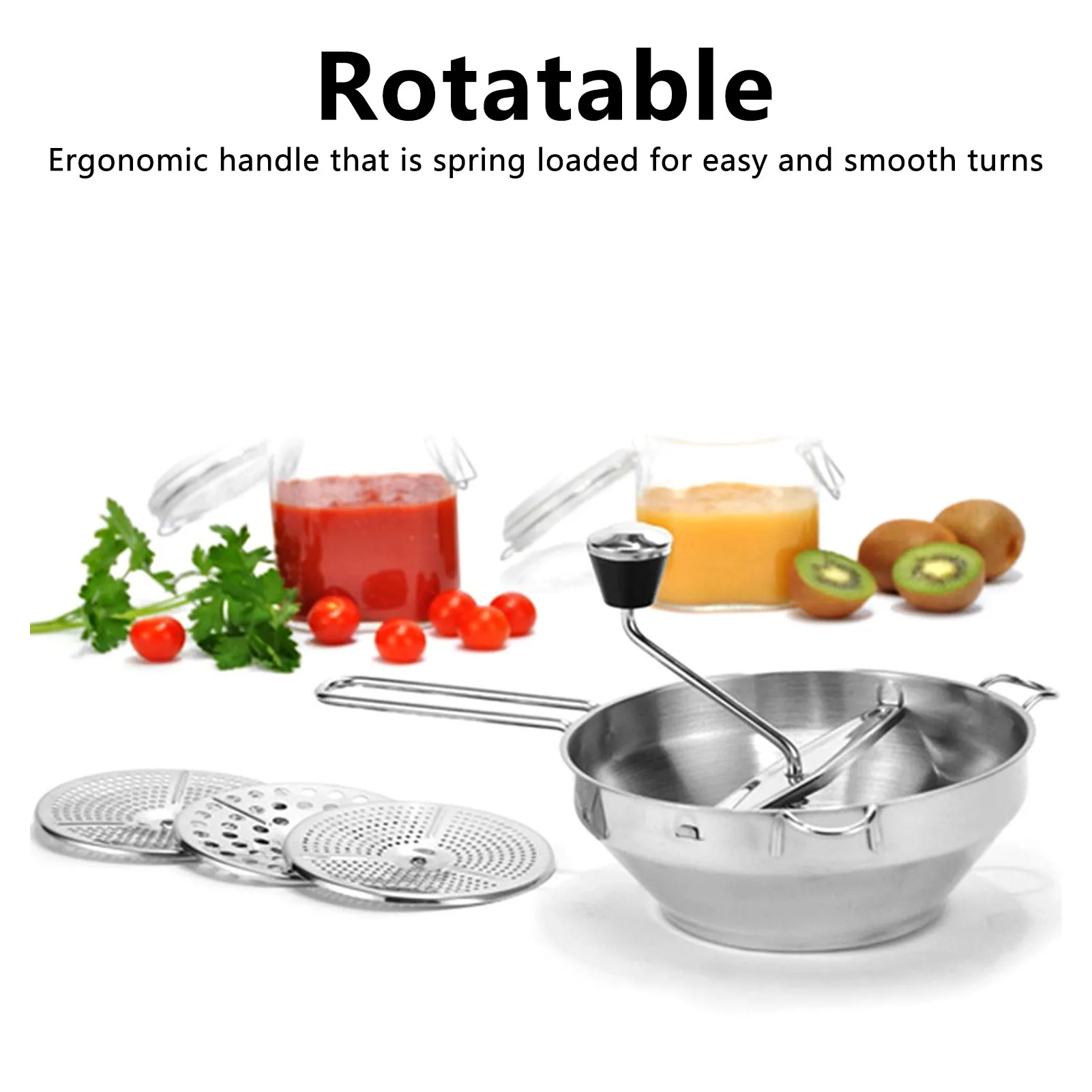 Manual Vegetable Mill Stainless Steel Food Rotary Mill Strainer Potato Strawberry Jam Masher Grinder with 3 Milling Disc