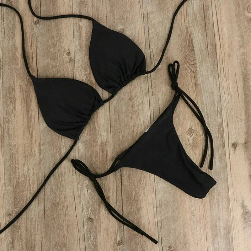 Conjunto feminino sexy de biquíni tanga, maiô de gravata lateral Halter, alça dividida feminina, estilo bandagem ajustável, moda praia brasileira