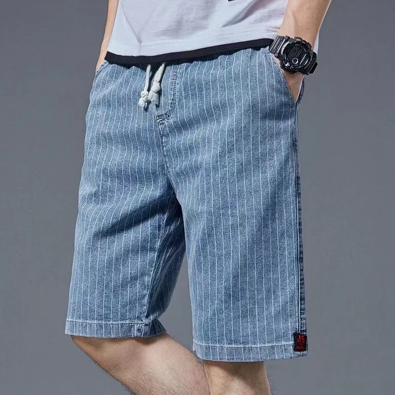 

New Summer Fashion Trendy American Style Straight Leg Stretch Striped Denim Shorts Men's Casual Loose High Quality Sports Shorts