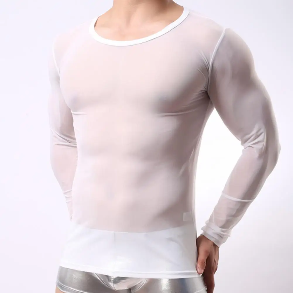 Men Mesh Top Ultra Thin See-through O Neck Long Sleeves Solid Color Stretchy Party Homewear Dance Performance T-shirt