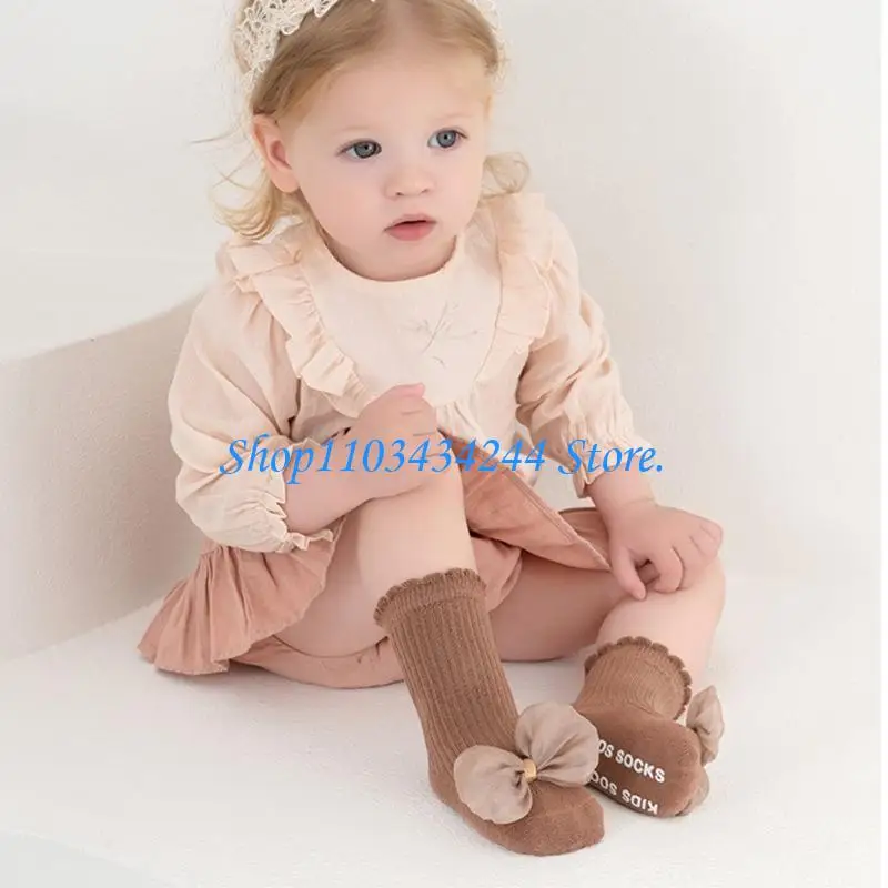 Girls Cotton Socks with Lace Bowknot Designs & Not Slip Feature Toddler Safety Socks Indoor Play Socks for Ages 1 to 5