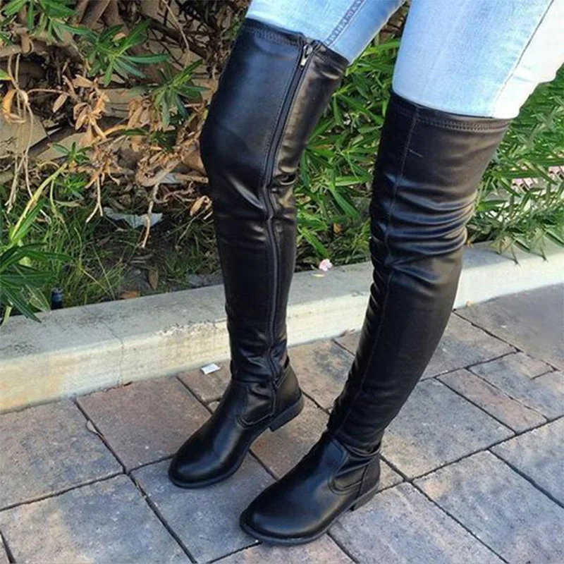 Otoño Invierno nuevas botas por encima de la rodilla de tacón cuadrado bajo de cabeza redonda costura 3CM botas largas con cremallera lateral de gran tamaño para zapatos de mujer
