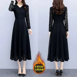 Autumn Winter Women Lace Dress New Add Velvet/No Velvet Long Sleeve Elegant Dresses Temperament Slim Elegant Party Vestidos