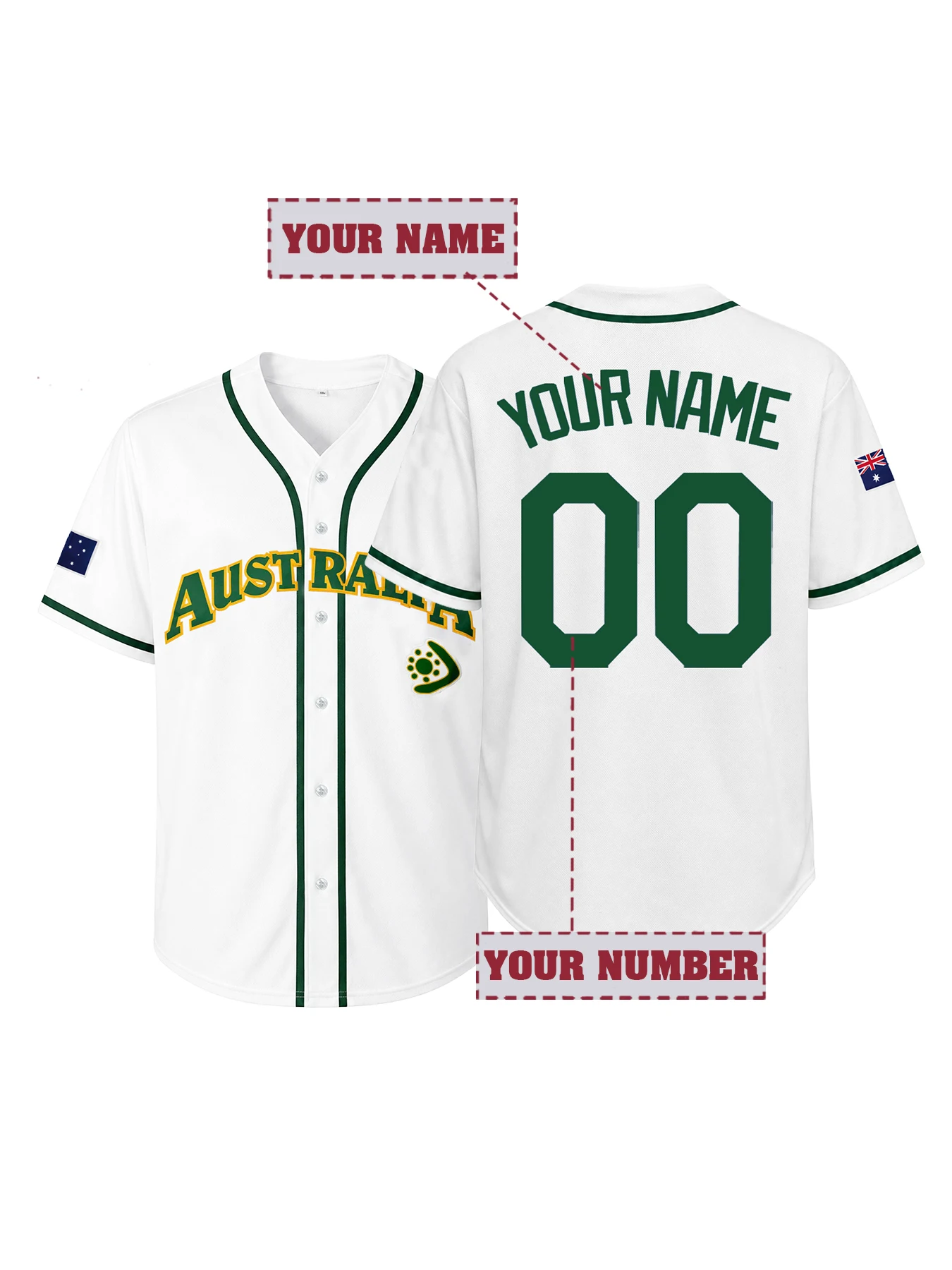 Custom Australia Embroidered Baseball Jersey Personalized Name and Number Men Women Short Sleeve Sports Fan Uniform Gift