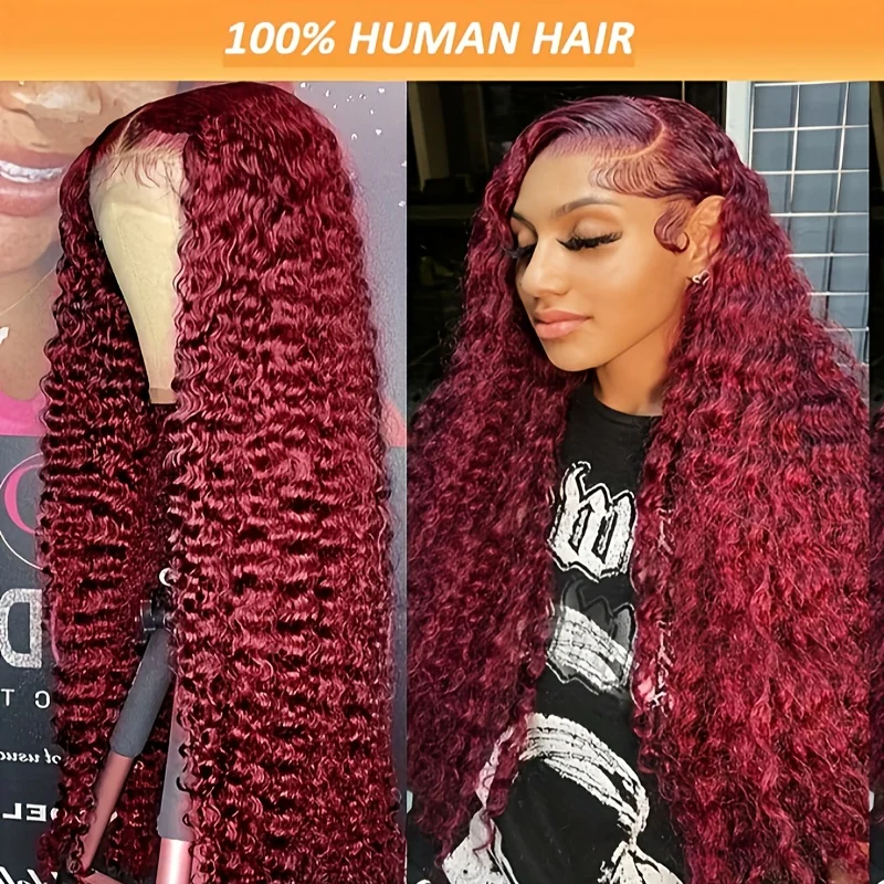 Deep Wave Burgundy 99J 13x6 Hd Lace Frontal Wig Human Hair 220 Density 36 Inch Curly Human Hair 13x4 Water Wave Red Colored Wig image 3